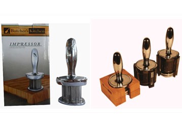 Meat tenderizers, assembled, with their retail box and wooden stands